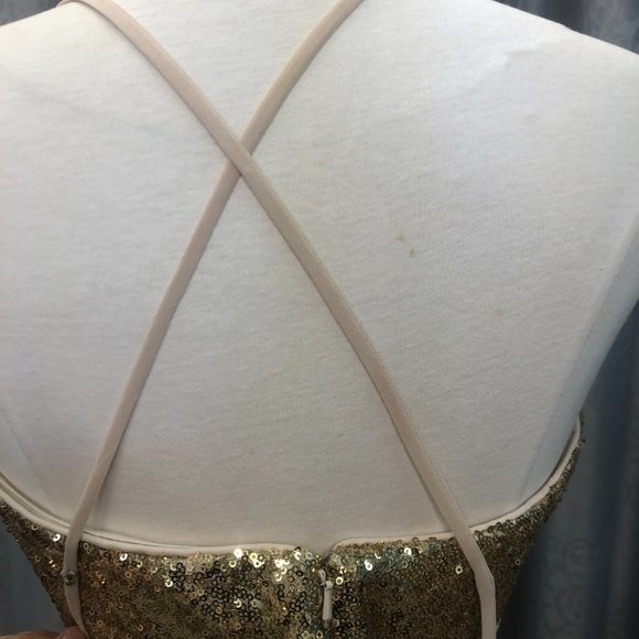 New Gold Sequin Champagne Dress, Aline Bridesmaid Formal Sparkle Gather and Gown - Picture 10 of 14